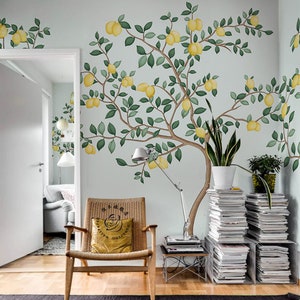 Abstract Watercolor Hand Painted Lemon Trees Wallpaper Wall Mural, American Countryside Style Lemon Trees Wall Mural Wall Decor
