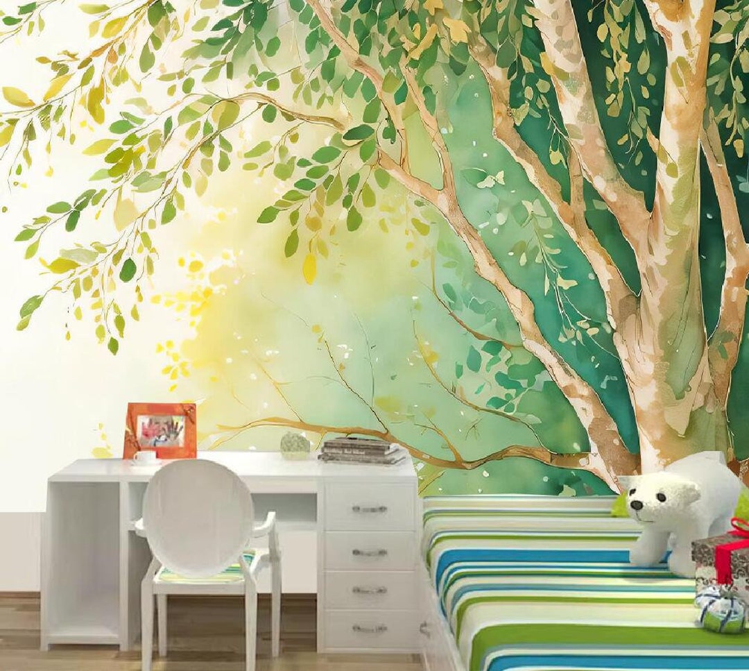 Watercolor Willow Tree Nursery Wallpaper Wall Mural, Spring Green Tree ...