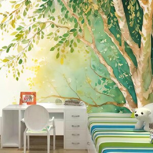 Watercolor Willow Tree Wall Mural: Spring Green Nursery Decor