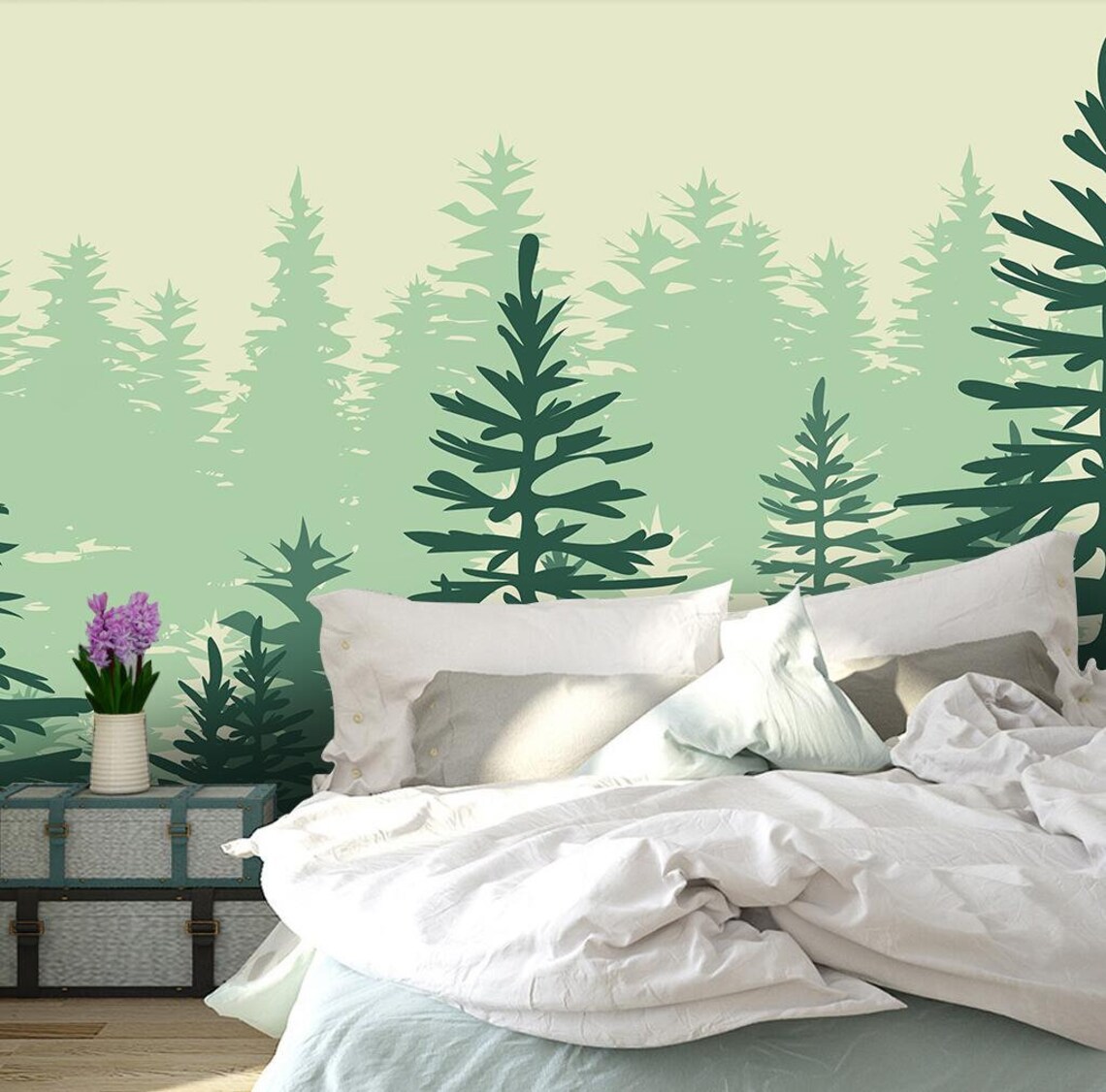 Modern Hand Painted Green Pines Trees Wallpaper Wall Mural | Etsy