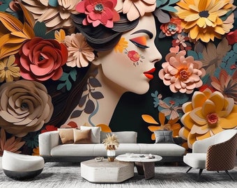 3D Abstract a Woman with Lots of Flowers Flowers Floral Wallpaper Wall Mural for Beauty Salon Fashion Shops Living Room Bedroom Wall Decor