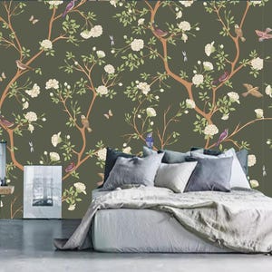 Chinoiserie Camellia Tree Wallpaper: Botanical Birds & Butterflies Wall Mural