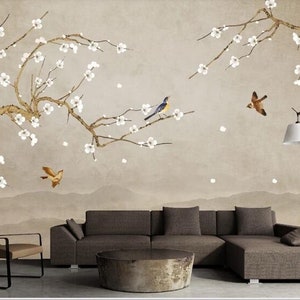 Fine Brushwork Chinoiserie Wallpaper Wall Mural, Beautiful Cherry Branches with Birds Chinoiserie Wall Mural Wall Decor