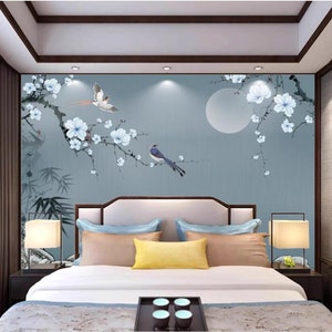 Chinoiserie Magnolia Branch Wallpaper Wall Mural, Magnolia Flowers Wall Mural for Living Room Bedroom Wall Decor Home Decor