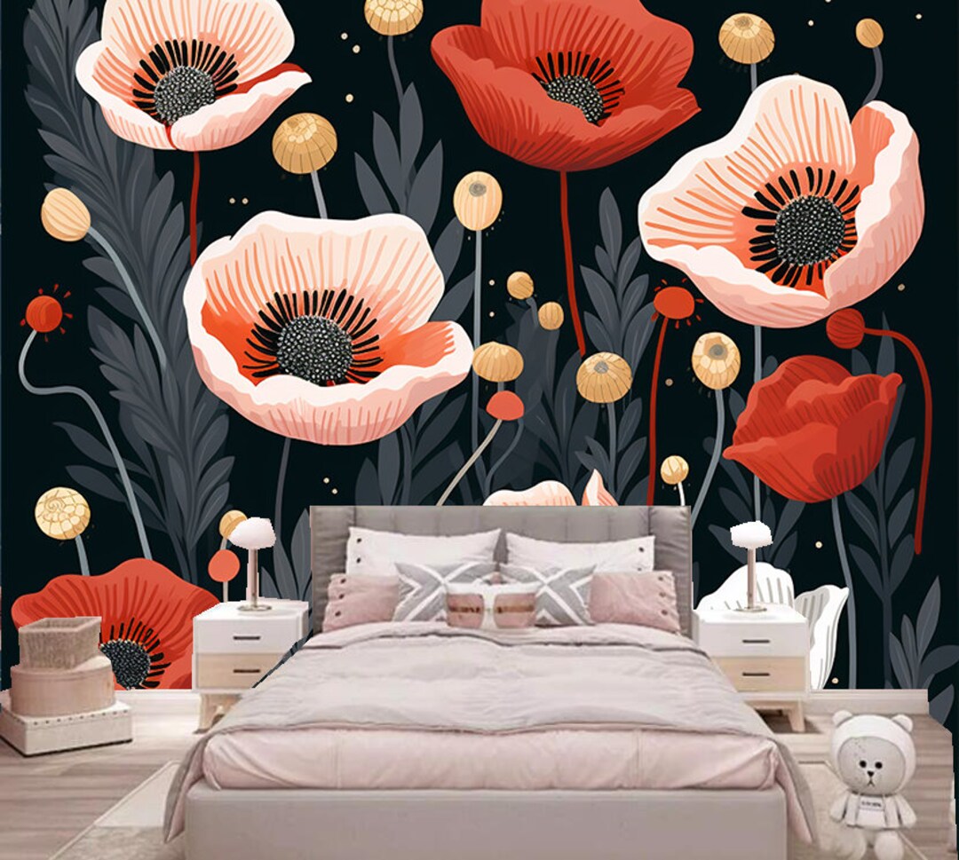 Watercolor Poppy Flower Wall Mural: Floral Nursery Wallpaper - Etsy
