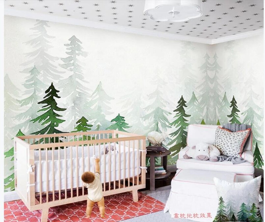 Watercolor Green Pine Tree Wallpaper Wall Mural Green - Etsy