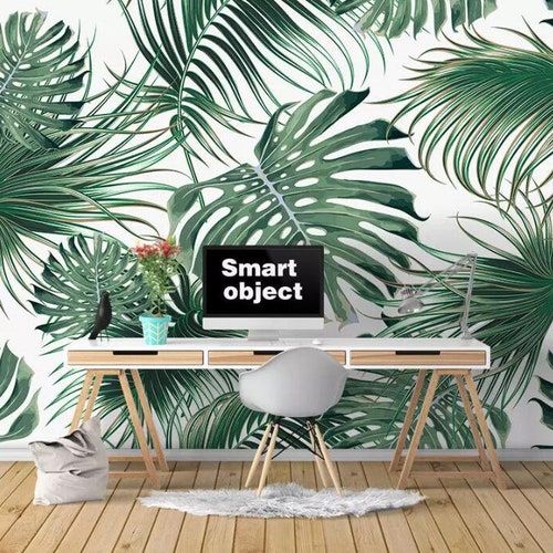 Tropical Green Leaves Wallpaper Wall Mural Tropical Leaves Etsy