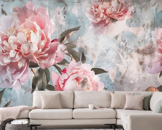 Pink Peony Flowers Wallpaper: Pastel Floral Wall Mural, Peel and Stick