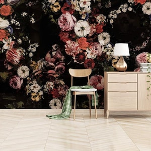 Pintura al óleo Holandés Color Oscuro Vintage Floral Wallpaper Murales de pared, Flores victorianas Fondo, Vintage Flor Pared Mural Pared Decoración