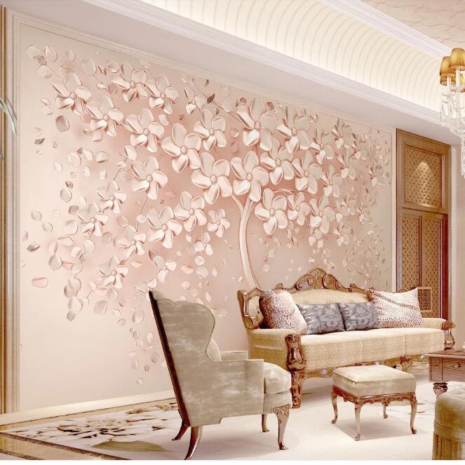 3D Embossed Pink Flowers Tree Wallpaper Wall Mural Creative Etsy UK
