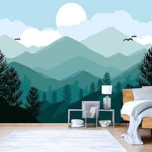 Papel pintado de acuarela con dibujos de montañas, colinas y paisajes para guardería