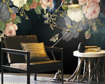 Floral Peony Wallpaper Mural: Dark Dutch Oil Painting Wall Decor