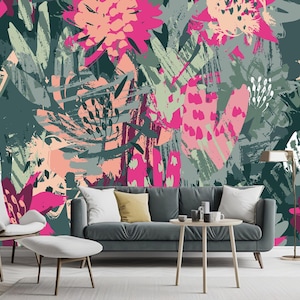 Muster mit Blumen und handgemalter Textur Tapete, Tropische Blumen und Blätter Wandbild Wanddekor