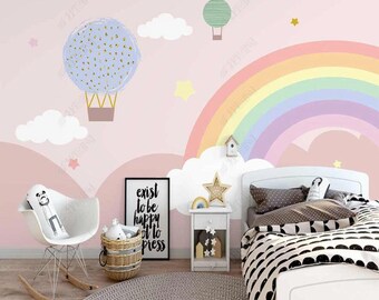 Pink Good Night Cloud Rainbow Cartoon Nursery Kids' Room Wallpaper Mural