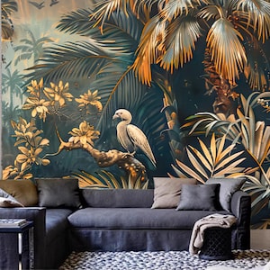 Retro Regenwald Tropische Palmenblätter Pflanzen Tapete, Vintage dunkler Hintergrund Tropische Pflanzen Vögel Wandbild, Tropische Pflanzen Dekor