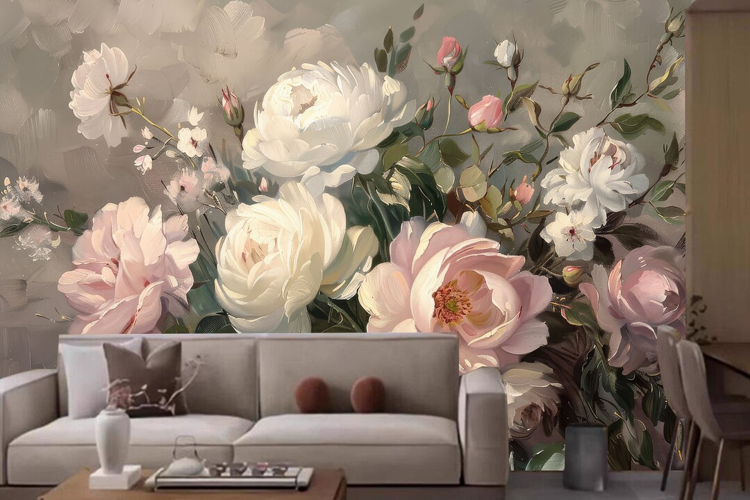 Peonies Flowers Wallpaper: Abstract Oil Painting Mural, Peel and Stick ...