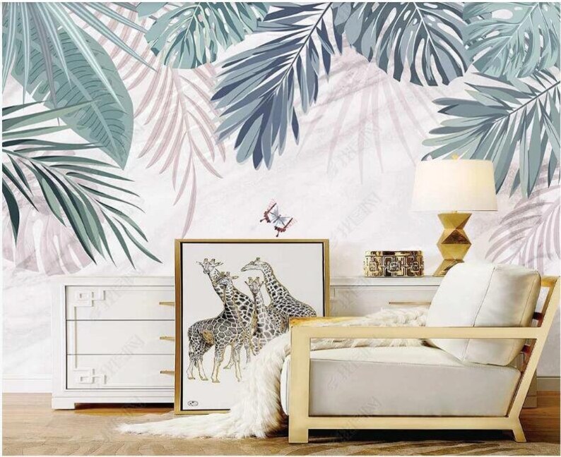 Hanging Tropical Leaves Wallpaper Wall Mural Tropical Leaves Etsy
