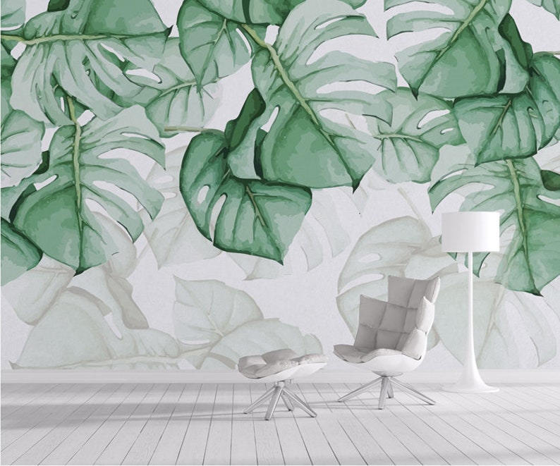 Tropical Green Leaves Wallpaper Wall Mural Watercolor Fresh Etsy UK