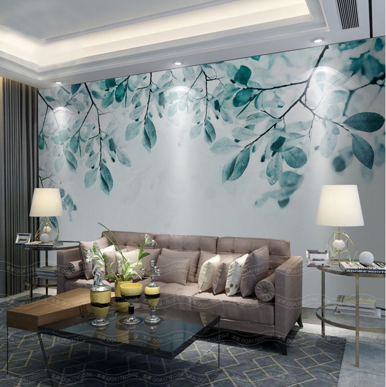 Hand Painted Hanging Leaves Wall Mural Wall Decor Watercolor Hanging Leaves Wallpaper Wall Mural Simple Fresh Green Leaves Wall Murals