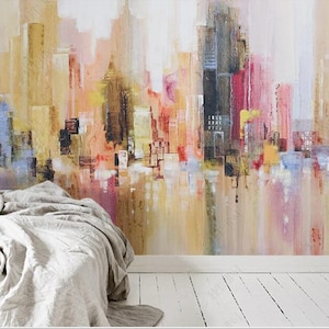 Oil Painting Abstract Cities Architecture Wallpaper Wall Mural, Colorful City Architectures Wall Murals Wall Decor