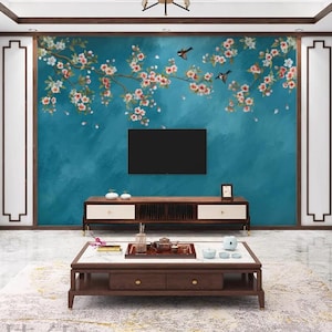 Oil Painting Chinoiserie Cherry Blossom Flowers Branches Wallpaper Wall Mural, Green/Blue Background Flowers and Birds Wall Mural Wall Decor