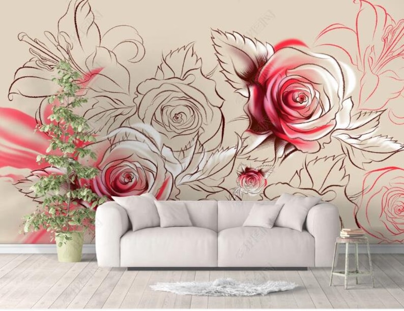 Red Roses Floral Wallpaper Wall Mural 3D Roses Floral Wall - Etsy