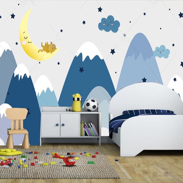 Cartoon Blue Mountains Peaks Wallpaper, the Moon, Stars, Goodnight Nursery Wall Mural