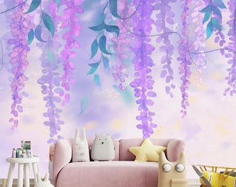 Abstract Watercolor Wisteria Flowers Floral Kids Nursery Wallpaper Wall Mural