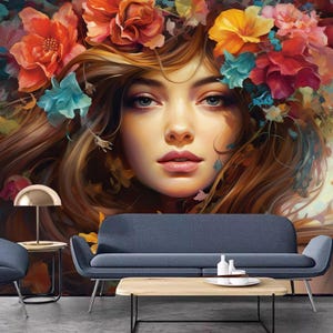Woman Portrait with Flowers Wallpaper, Female Mural with Flowers, Hair Salon Wall Decor, Beauty Makeup Fashion Concept Wall Mural Wall Decor