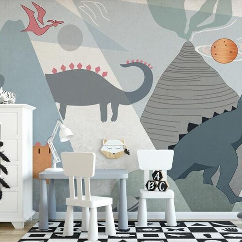 Cartoon Dinosaurs Nursery Wallpaper Wall Mural Dinosaurs With Etsy