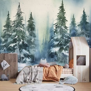 Winter Snow Fir Trees Forest Landscape Nursery Wallpaper, Abstract Watercolor Fir Trees Kid's Room Wall Mural Wall Decor