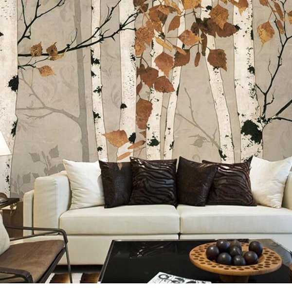 Peinture à la main Peinture d'huile Birch Trees Wallpaper Wall Mural, Trees Forest Birch Wall Mural, Oil Painting Birch Wall Mural for Home Decor