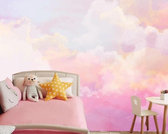 Watercolor Pink Clouds Sky Wallpaper Wall Mural, Pink Cloudy Wall Mural for Living Room Bedroom Girl's Room Home Decor