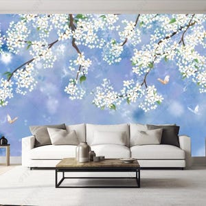 Carta da parati con fiori di pero in stile cinese, decorazione murale con rami di fiori su sfondo blu