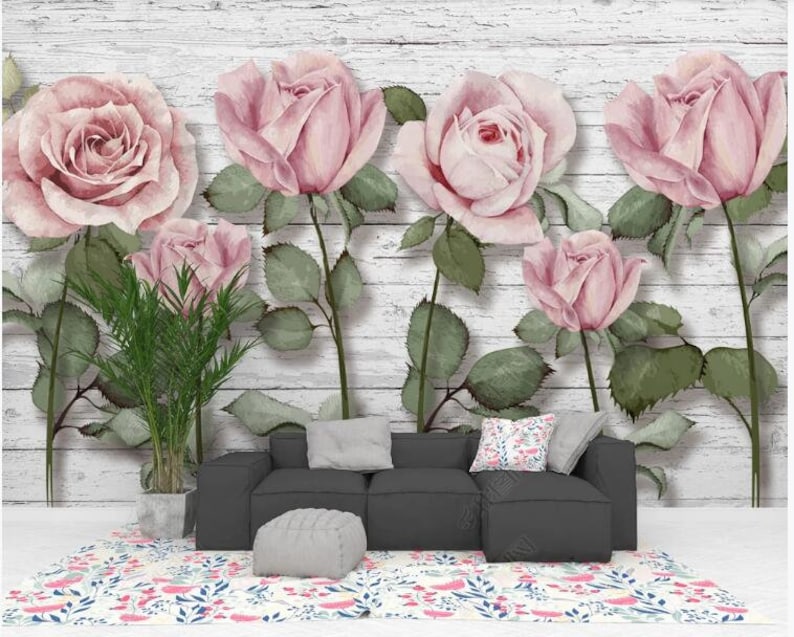 3D Pink Roses Flowers Floral Wallpaper Wall Mural Wooden Etsy