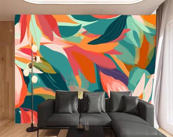Tropical Floral Wallpaper: Abstract Colorful Flowers Wall Mural, Peel and Stick