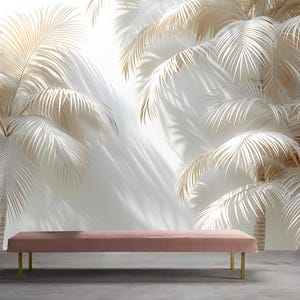 White Palm Shadow White Background Wallpaper, White Palm Trees Wall Mural, Peel and Stick Removable Vinyl, Non-woven Paper, Palm Trees Decor
