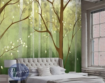 Oil Painting Abstract Green Blackgroud Trees Wallpaper Wall Mural, Trees Forest Wall Mural Wall Art for Home Decor, Hand Painted Trees Mural