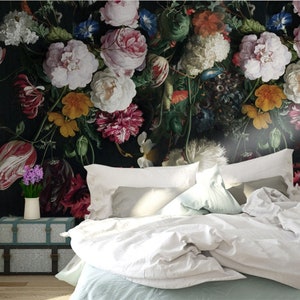 Dark Color Vintage Floral Wallpaper Wall Murals, Oil Painting Victorian Flowers Wall Mural, Big Flowers Wall Art Wall Decor zdjęcie 4