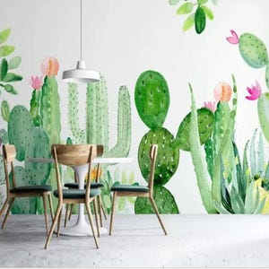 Mural de papel tapiz de cactus en acuarela: cactus verdes pintados a mano, flores