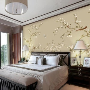 Fine Brushwork Chinoiserie Tapete Wandbild, Kirschzweige mit Vögel Wandbild Wanddekor