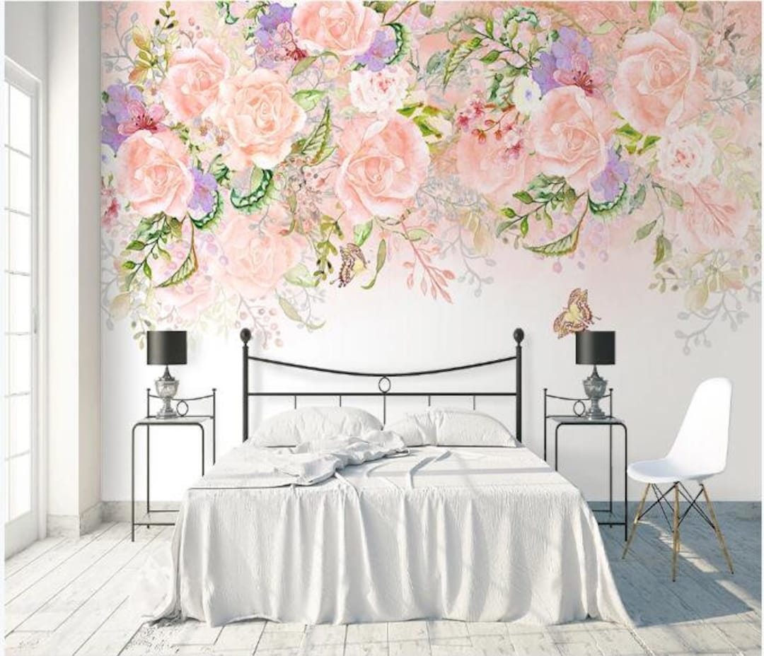 Romantic Pink Flowers Floral Wallpaper Wall Mural Watercolor - Etsy