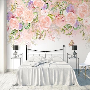 Romantic Pink Flowers Floral Wallpaper Wall Mural Watercolor - Etsy