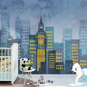 Cartoon City Architectures Nursery Wallpaper Wall Mural, Cartoon Urban City Kid's Room Wall Mural Wall Decor