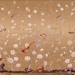Chinoiserie Wallpaper Mural: Vintage Cherry Peony Bird Wall Decor