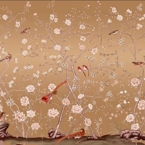 Exquisite Fine Brush Work Chinoiserie Wallpaper Wall Mural, Vintage Cherry Peony with Birds Chinoiserie Wall Mural Wall Decor