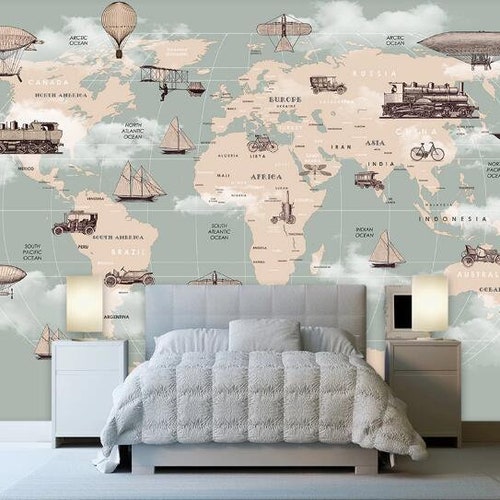 Hand Painted World Map Nursery Wallpaper Wall Mural World Map Etsy