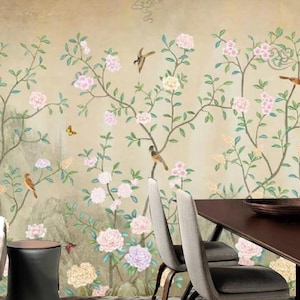 Chinoiserie Wallpaper Mural: Peony & Birds Fine Brush Work