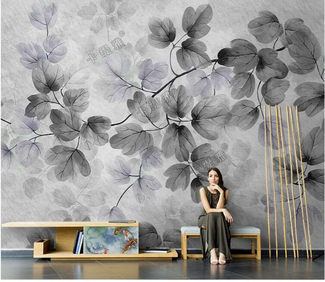 Gray Leaves Wallpaper Wall Mural Simple Watercolor Gray Etsy