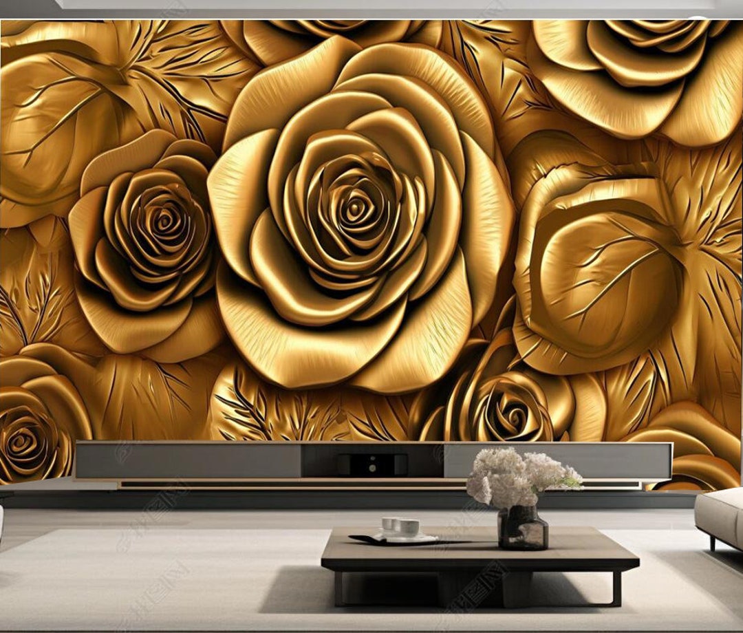 3D Luxury Golden Roses Giant Flowers Floral Bedroom Living Room Mural ...